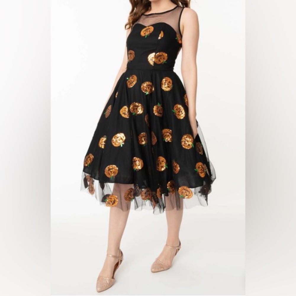Magnolia Place Black Dress with Sequin Pumpkins - sleeveless Mesh Halloween NWTs